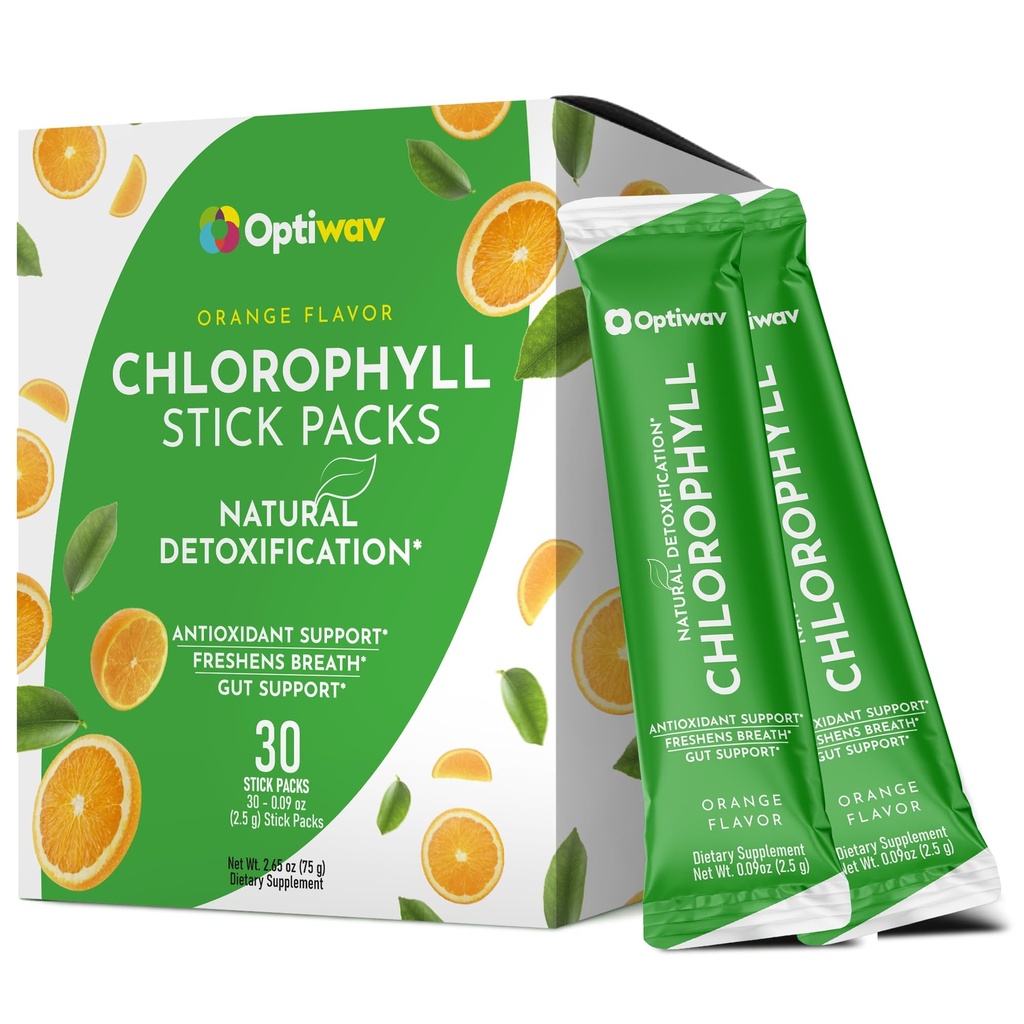 Chlorophyll Powder Packets - Chlorophyll Stick Packs for Water - Detox Boost Gut Health & Antioxidant Support Natural Green Juice Powder - Vegan Gluten-Free Sugar Free Orange Flavor 30 Packs