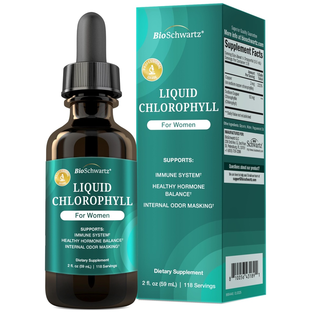 BioSchwartz Liquid Chlorophyll for Women - with Copper for Immune Support, Skin Health and Internal Deodorizer - Liquid Chlorophyll Supplement Drops for Women - Third Party Tested, 118 Servings