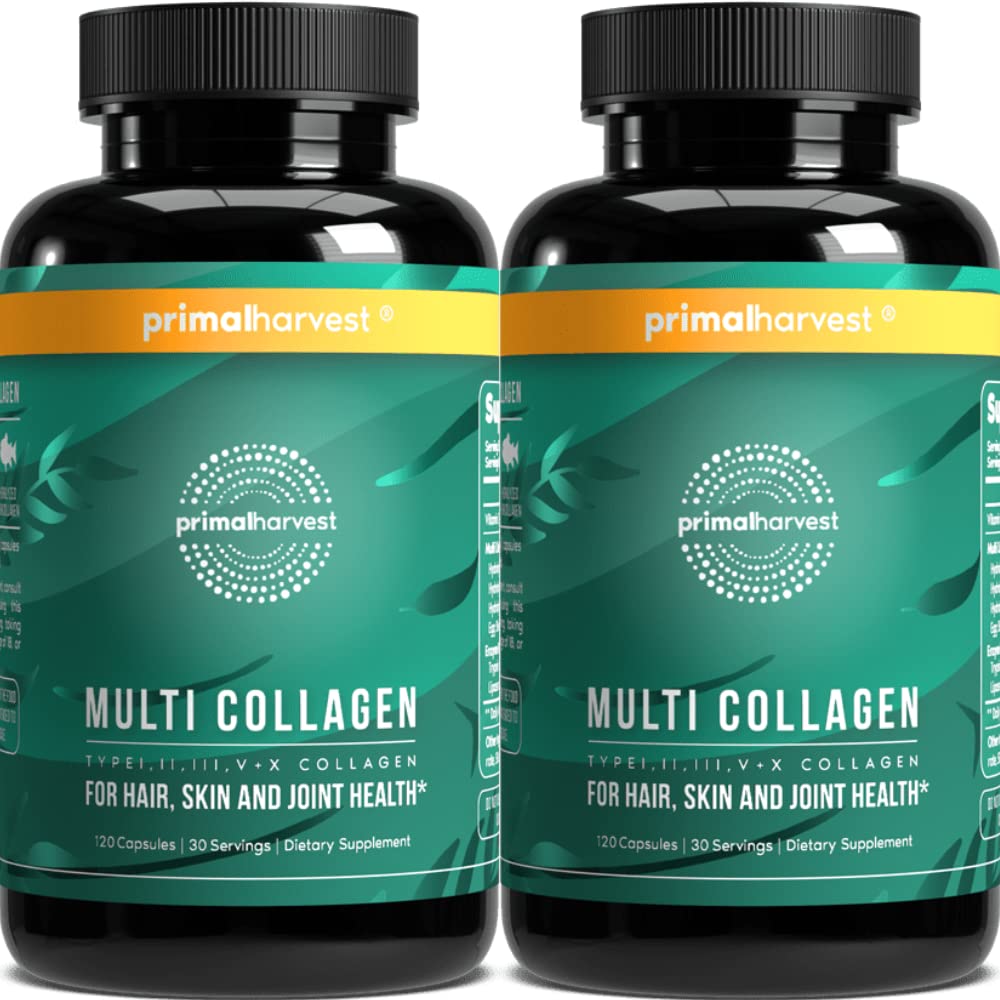 Primal Harvest 2 Pack, Multi Collagen Pills for Women and Men (Type I, II, III, V, X) Collagen Supplements for Women and Men, 120 Capsules w/Vitamin C for Hair, Skin, Nails Collagen Peptides Pills