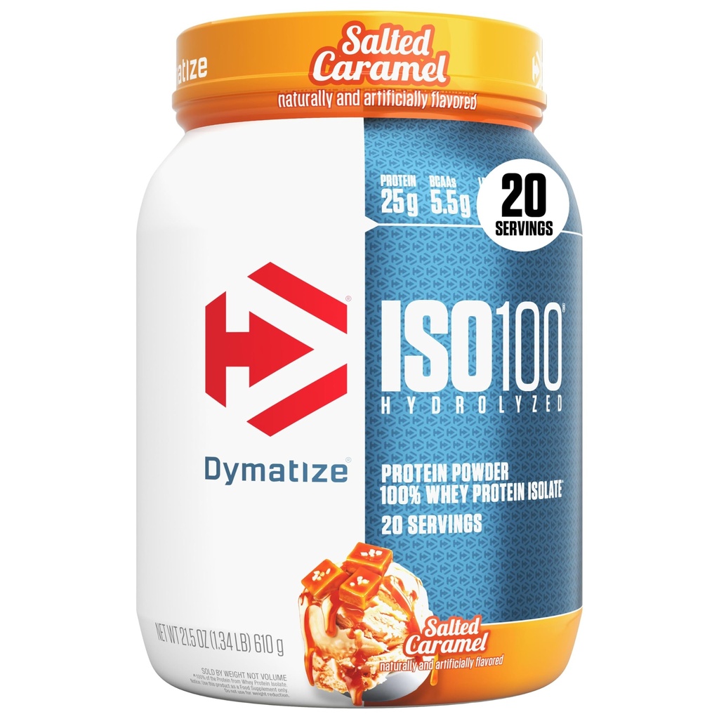 Dymatize ISO100 Whey Protein Powder Isolate, Salted Caramel, 25g of Protein, 5.5g BCAAs, Less Than 120 Cal., Gluten Free, 1g Fat, 1g Sugar, 2g Carb (20 Servings)