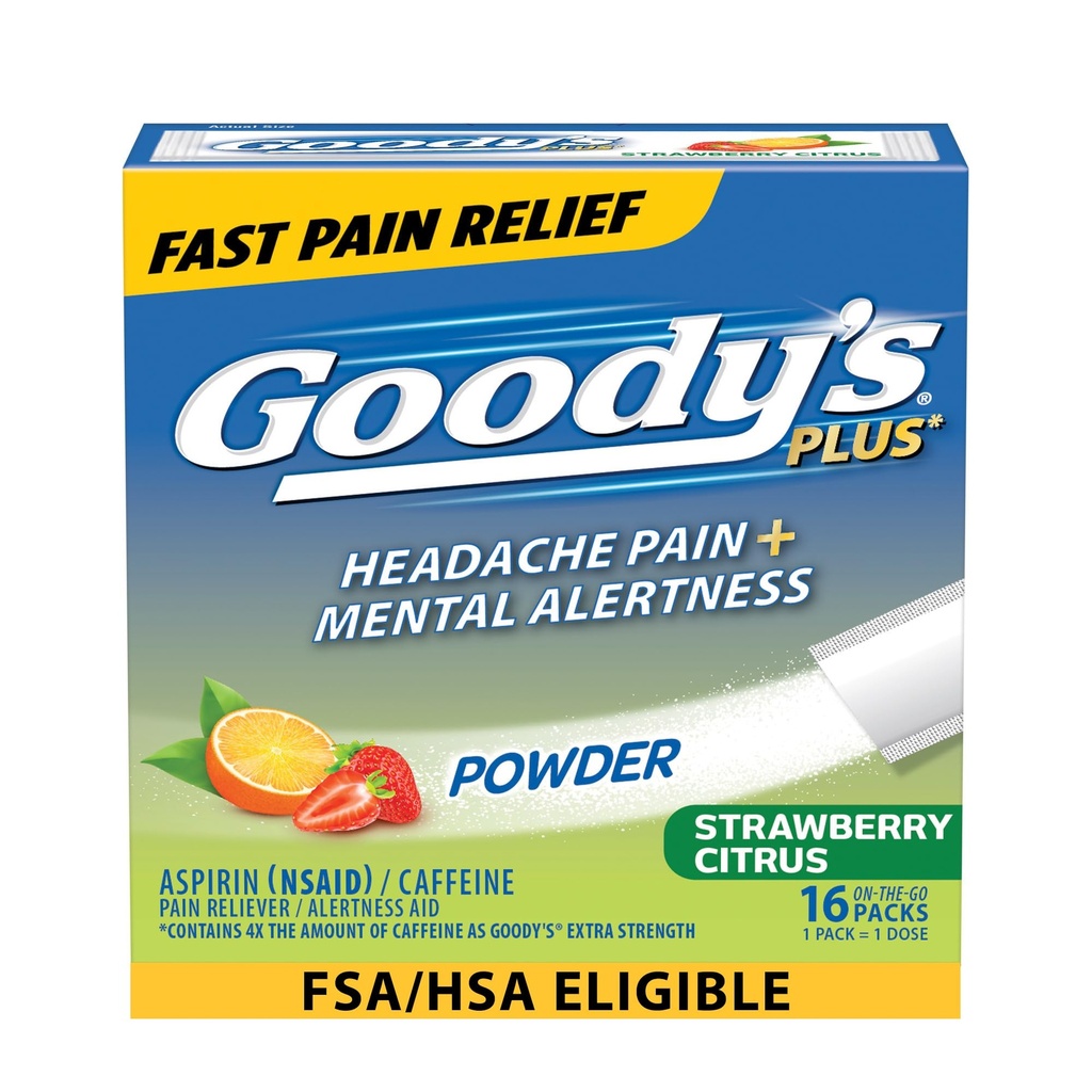 Goody’s Headache Relief Plus Mental Alertness Powder, with Aspirin and Caffeine, Strawberry Citrus Flavor, 16 Count