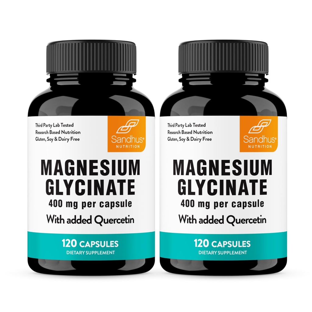 Magnesium Glycinate 400mg High Absorption Capsules with Quercetin | Quality Sleep, Relaxation & Muscle Health Supplement for Women and Men | Chelated Magnesium 120 Count (Pack of 2) | Easy to Swallow