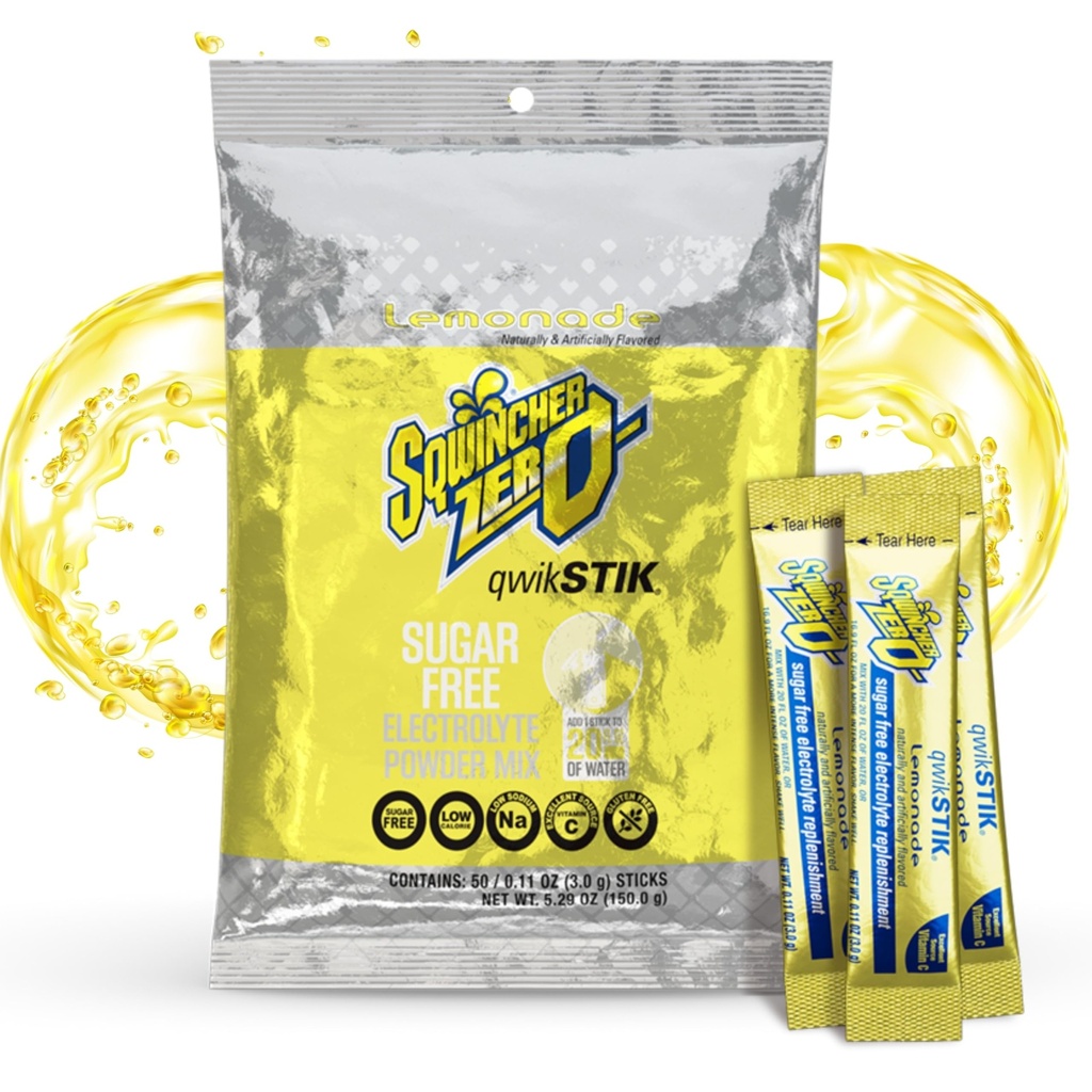 Sqwincher Zero Qwik Stik, Lemonade, Sugar Free, Low Calorie, Low Sodium Electrolyte Powder Hydration Drink Mix, .11 0z Packet (Pack of 50)