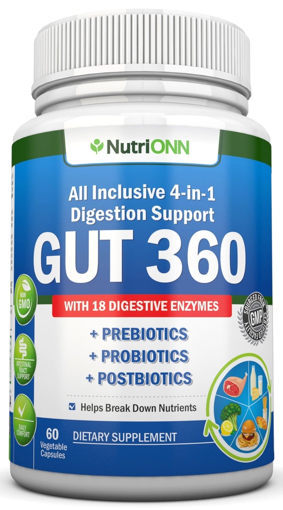 4-in-1 Probiotics, Prebiotics & Postbiotics with 18 Digestive Enzymes for Women & Men - Complete Gut & Digestive Support Supplement - Bloating Relief and Enzymes for Digestion - Non GMO - Vegan