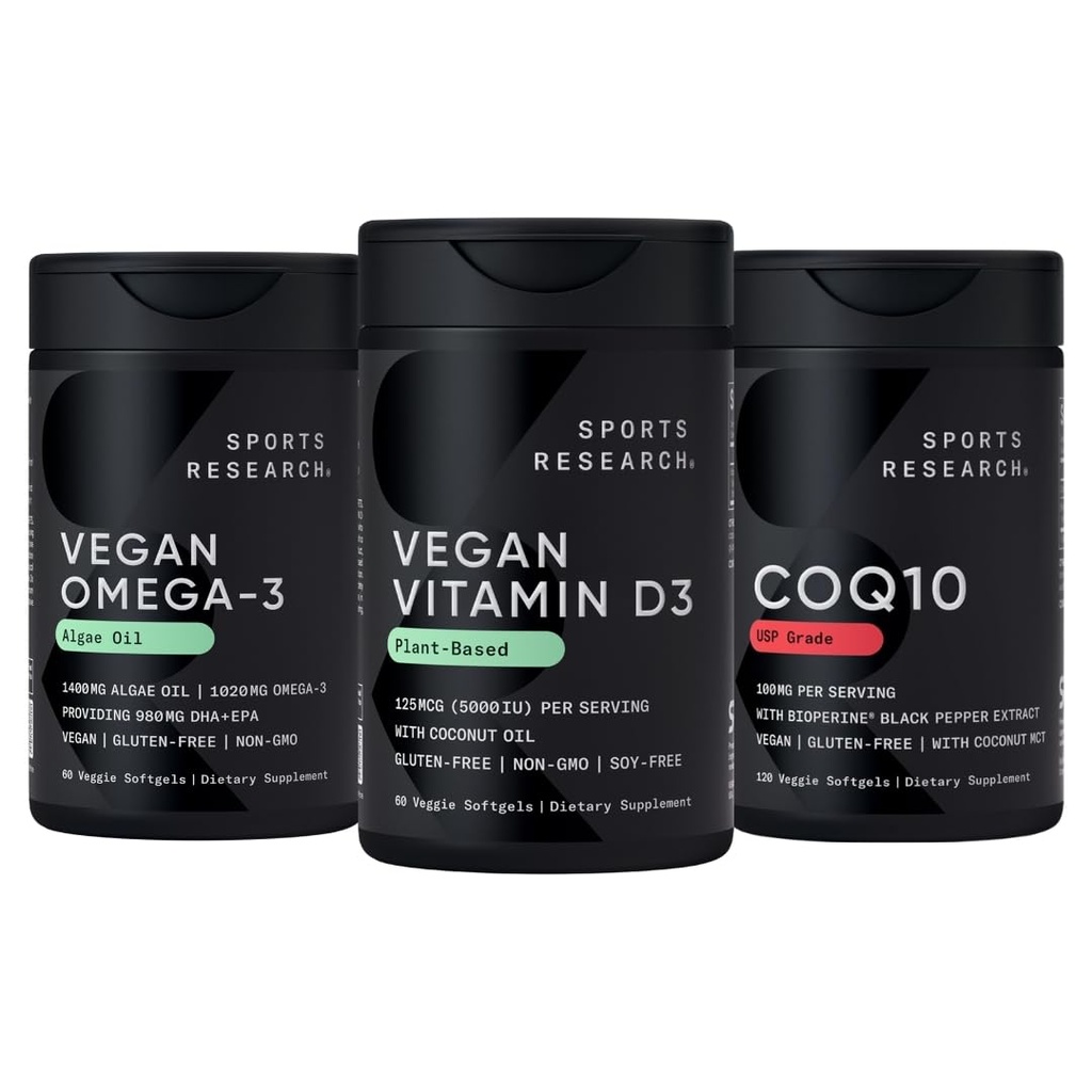 Sports Research® Vegan Supplements Pack - Vegan Vitamin D3 5000iu + Vegan Omega-3 Fish Oil Alternative + CoQ10 (100mg) w/Coconut Oil & Bioperine