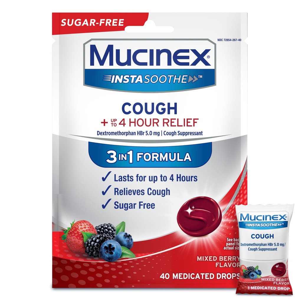 Mucinex Instasoothe Sugar Free Cough Drops, Cough Medicine for Adults with Dextromethorphan HBr, Non Menthol, Cough Suppressant Lozenges, Mixed Berry Medicated Cough Drops, 40ct