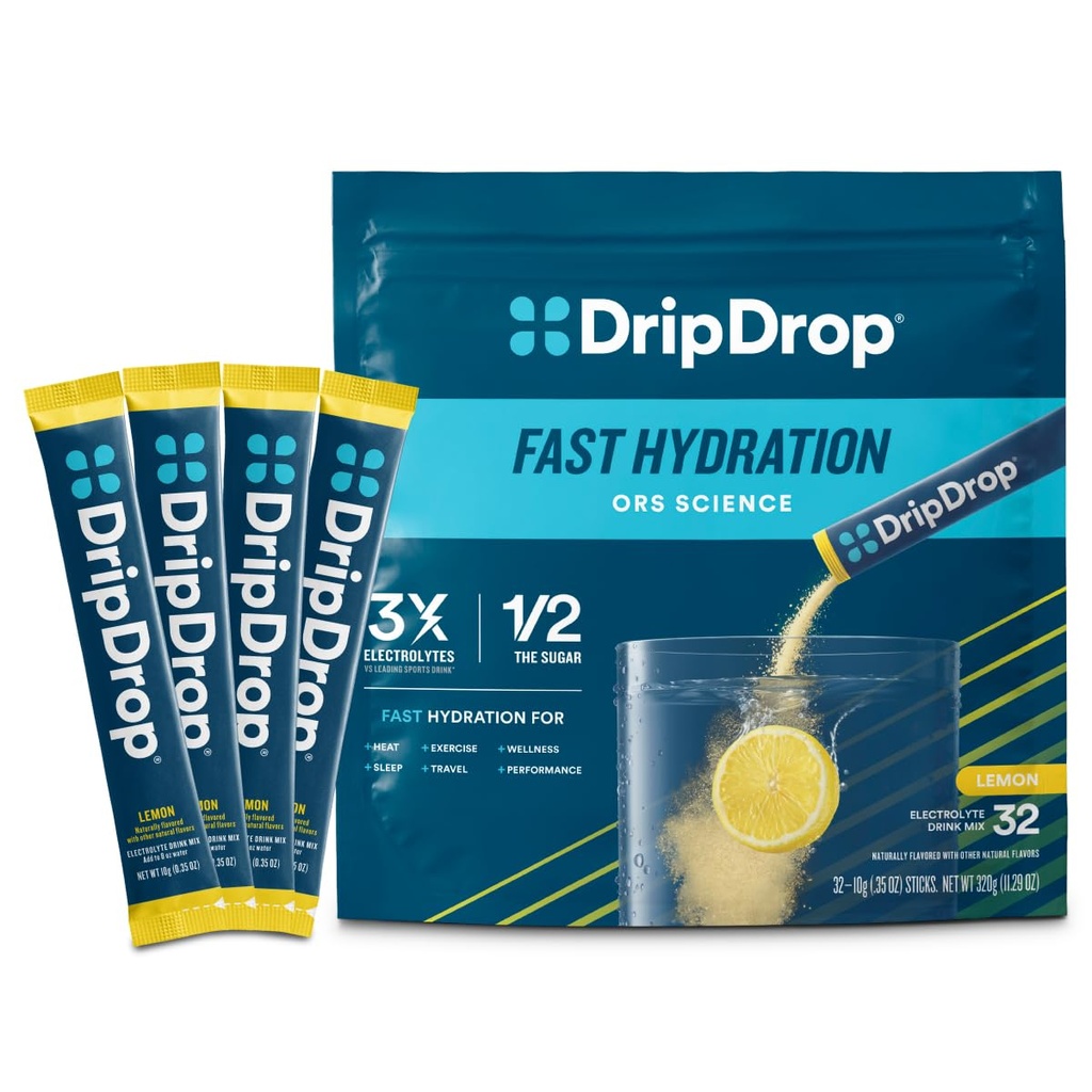 DripDrop Hydration Packets - Lemon - Single Serve Electrolytes Powder Drink Mix - Non-GMO, Gluten Free, Vegan - 32 Sticks