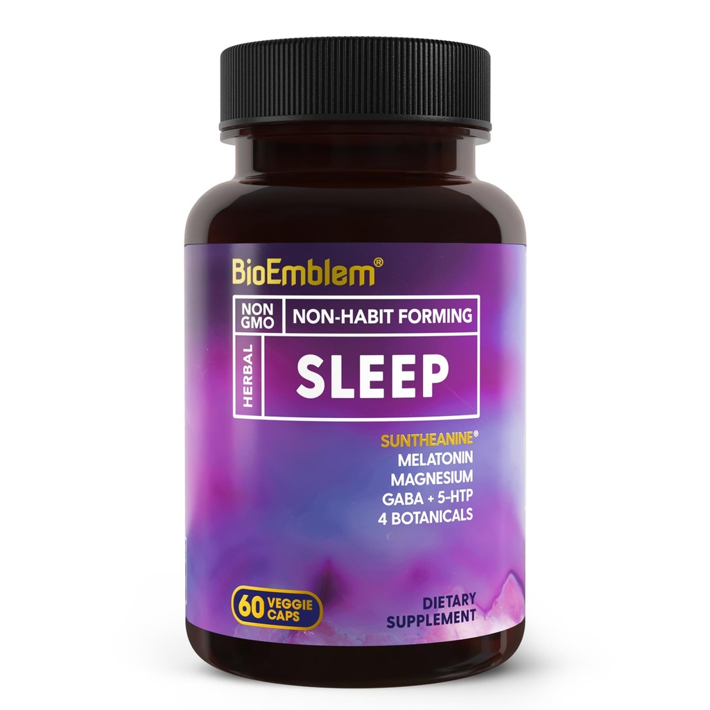 BioEmblem Natural Sleep Aid for Adults with Melatonin, Valerian Root, Suntheanine & More | Healthy Sleep Supplement | Herbal Sleeping Pills | 60 Capsules