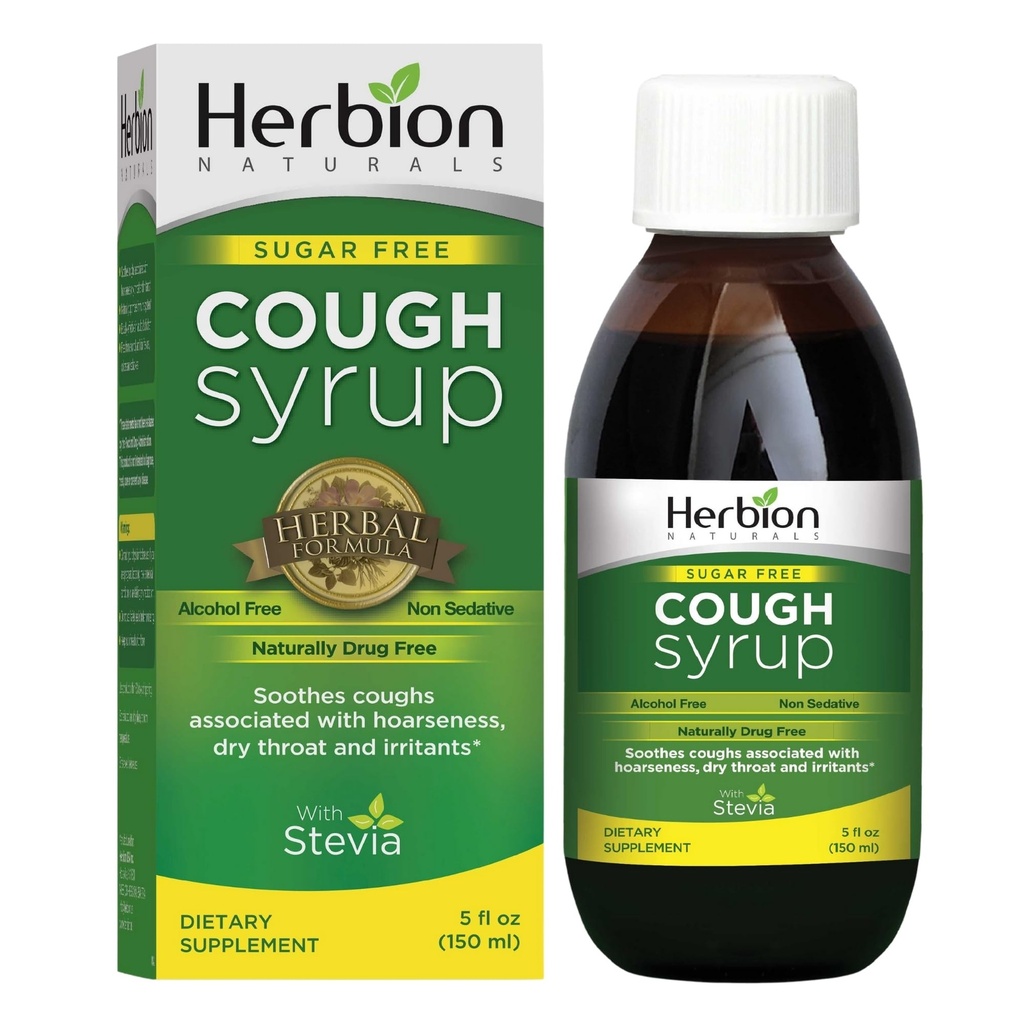 HERBION Naturals Sugar Free Cough Syrup with Stevia 5 FL Oz, Relieves Cough and Soothes Sore Throat, Optimizes Immune, for Bronchial & Lung Function, Pack of 1