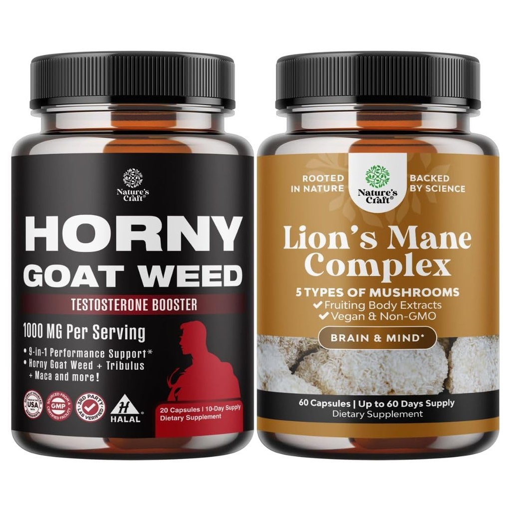 Bundle of Horny Goat Weed for Male Enhancement - Extra Strength Horny Goat Weed for Men, and Advanced Lion's Mane Mushroom Supplement Capsules with Reishi for Brain Health, Memory Support & Focus