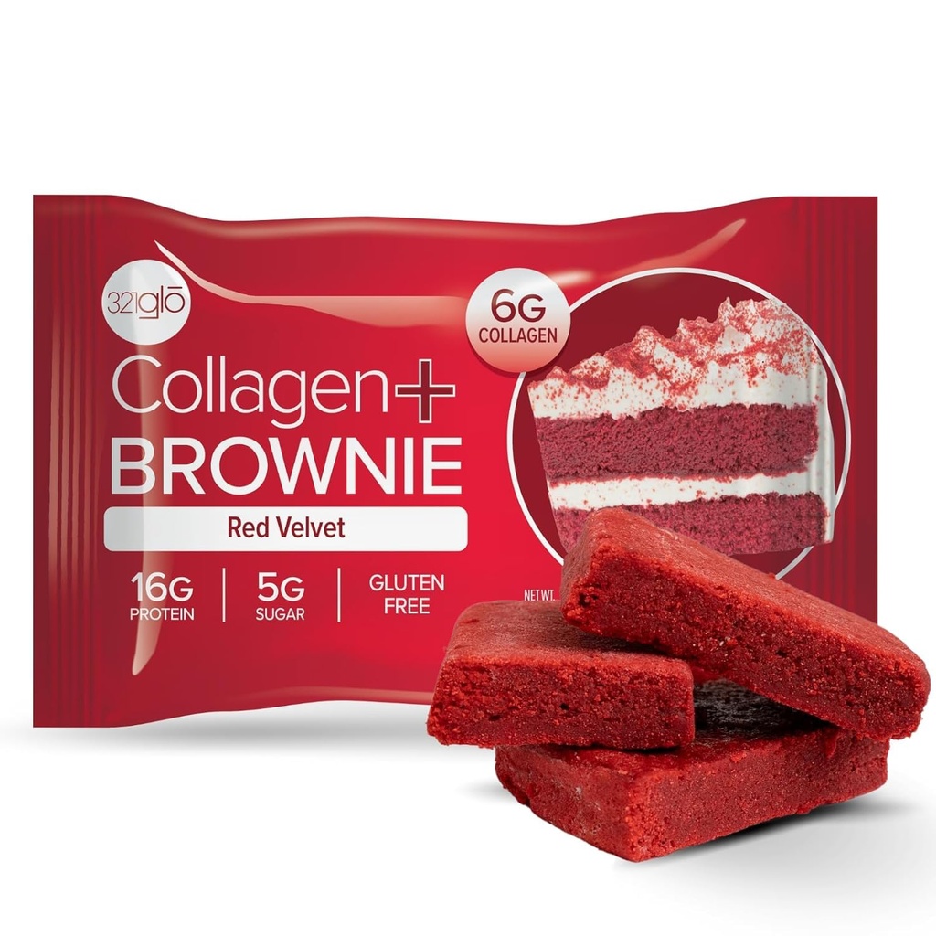 321glo Collagen Protein Brownie | Gluten Free, Low Sugar | Keto Snack for Women, Men, & Kids | 16g Protein, 6g Collagen | 12 Pack (12 Pack, Red Velvet)