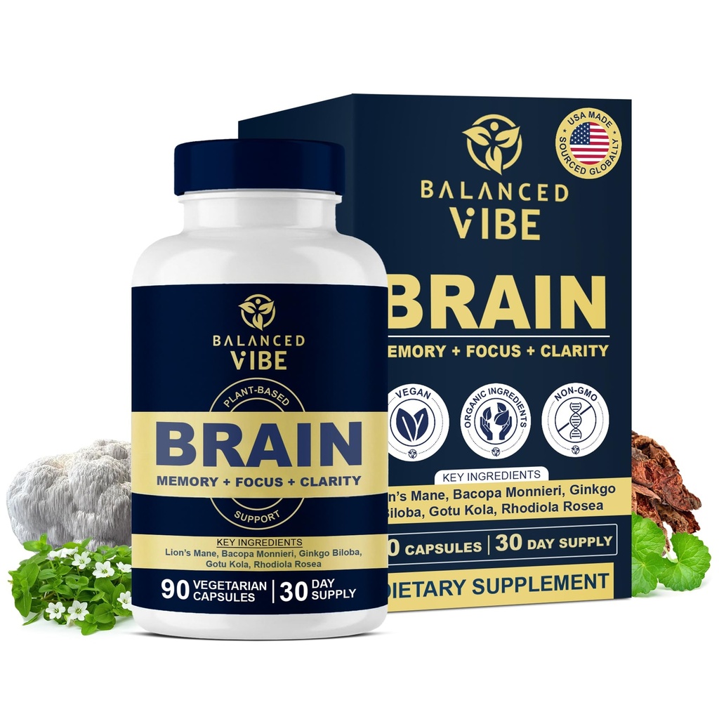 Balanced Vibe Brain Supplement 8 in 1 with Lion's Mane, Bacopa, Rhodiola, Ginkgo Brain Supplements for Memory, Focus & Mental Clarity, Non-Stimulant, Organic, Vegan, GMP Certified, 90 Capsules