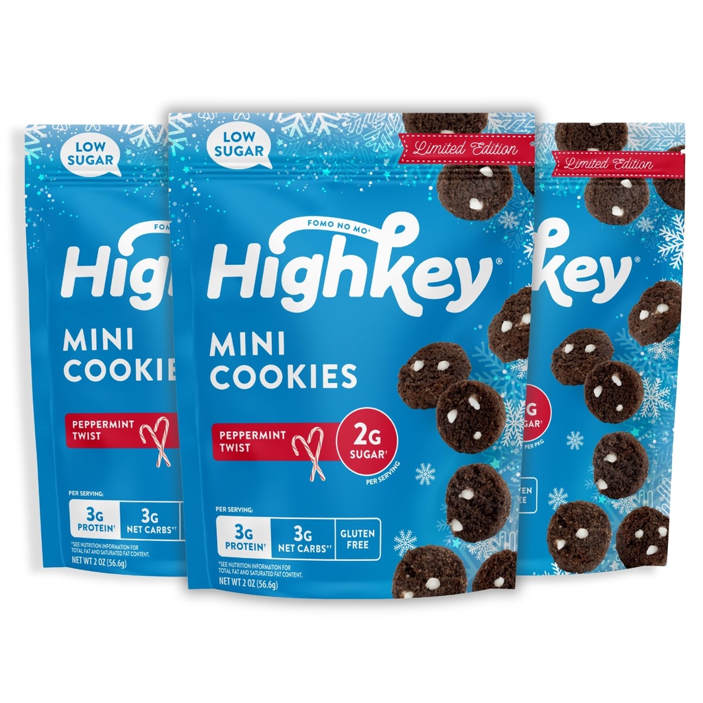 HighKey Seasonal Peppermint Cookies - Low Carb, Low Sugar, Gluten Free, Grain Free, Keto Snack - Diet Friendly Sweets - 2 Ounce (Pack of 3)