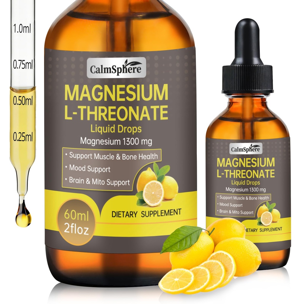 High Absorption Magnesium L-Threonate 1300mg Liquid Drops with L-Theanine&GABA,Supports Brain Function,Deep Sleep Quality&Stress Relief,Natural Lemon Flavor,Fast Acting GMP Certified,Adults & Kids
