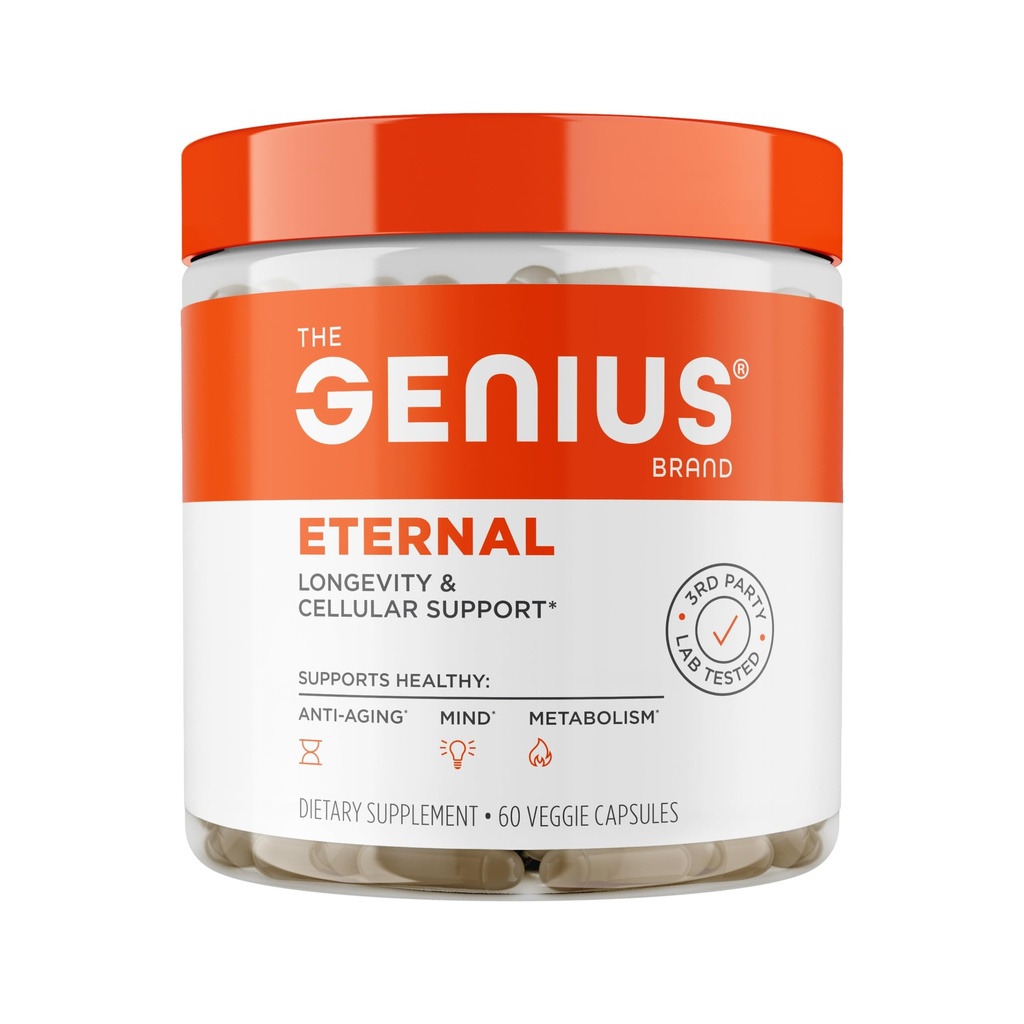 The Genius Brand Genius Eternal - Cellular Repair Supplement for Daily Clarity - Supports Brain Health, Endurance, Energy, Focus, Memory & Vitality - Non-GMO - 60 Veggie Capsules