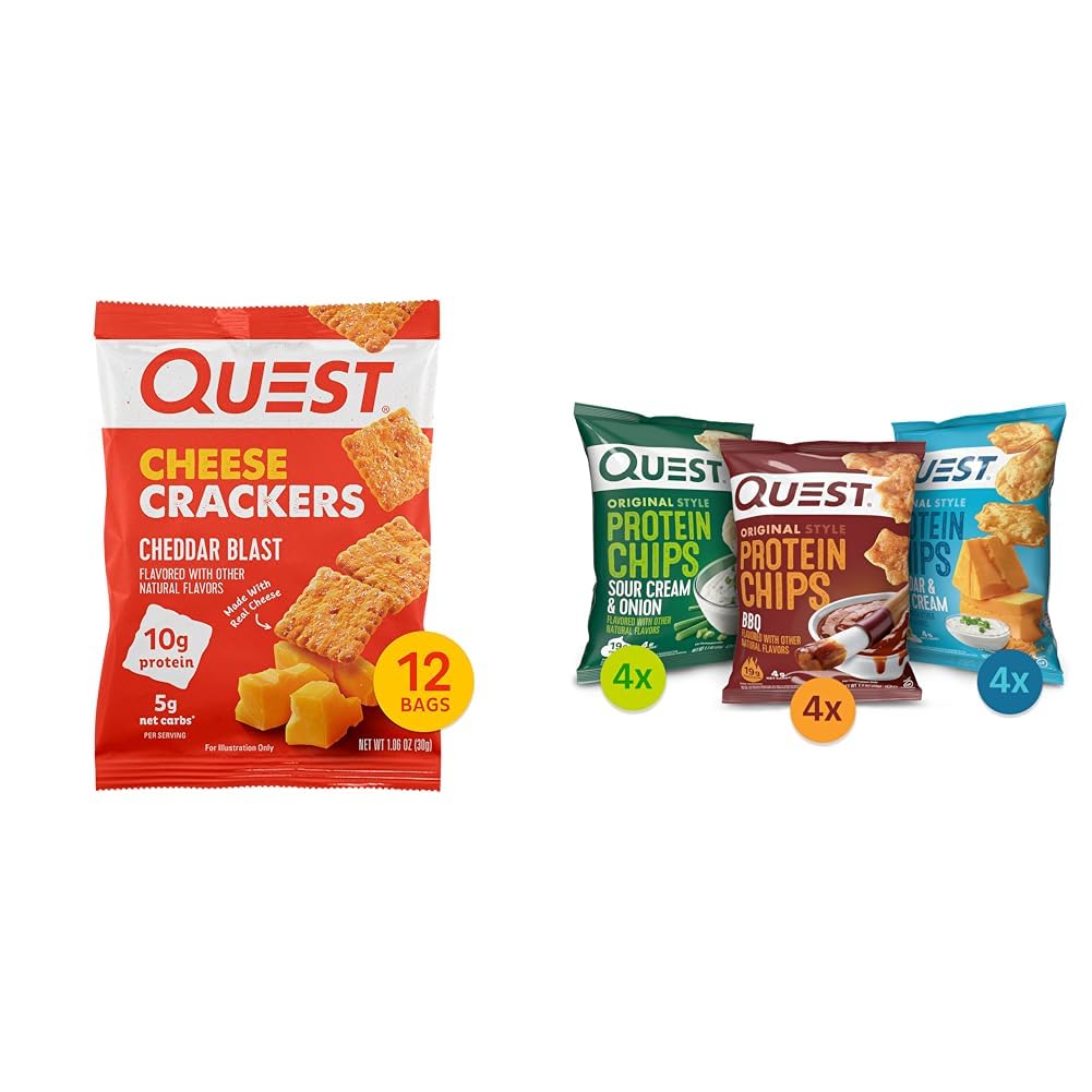 Quest Nutrition Cheese Crackers & Protein Chips Variety Pack, (BBQ, Cheddar & Sour Cream, Sour Cream & Onion), High Protein, Low Carb, 1.1 Ounce (Pack of 12)
