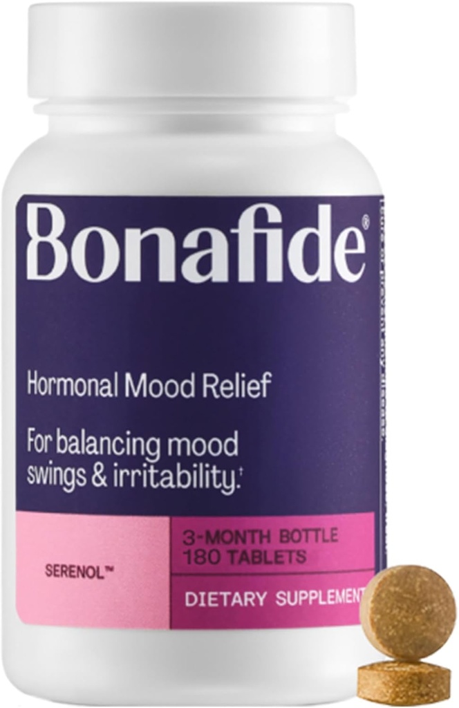 Serenol by Bonafide. Relief from Hormonal Mood Swings, Irritability, & PMS Bloating. — 3-Month Supply (180 Tablets)