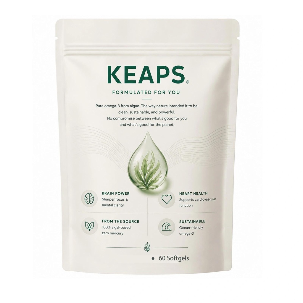 KEAPS Vegan Omega 3 Supplement – High Strength Algae Oil with DHA, EPA & DPA, Plant-Based Fish Oil Alternative, Non-GMO & Carrageenan-Free Vegan Capsules – 60 Capsules