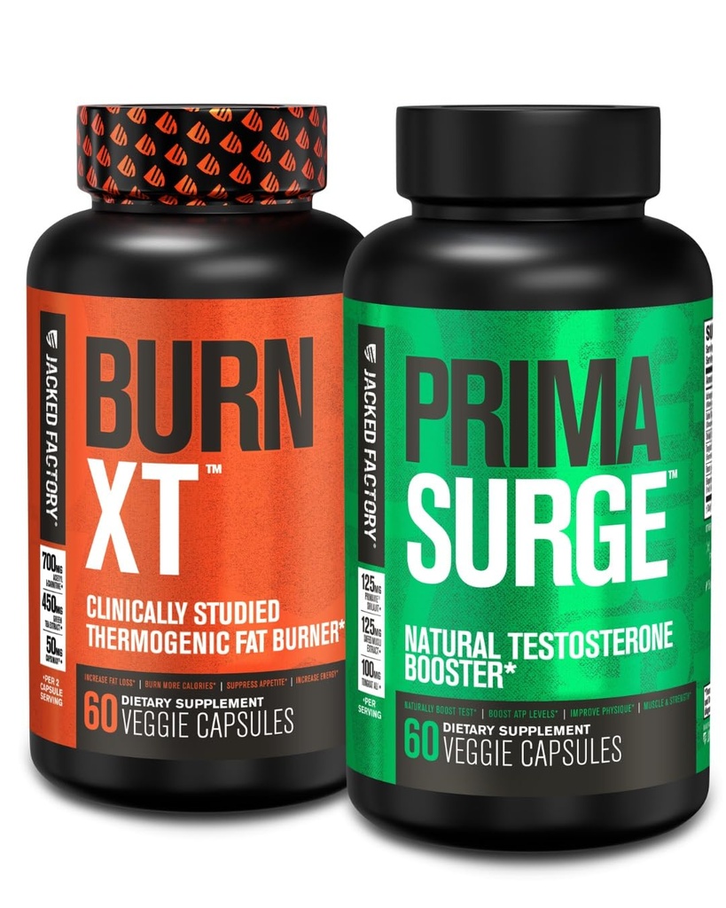 Jacked Factory Fat Burner & Testosterone Booster Stack for Men - Burn-XT Thermogenic Fat Burner & PRIMASURGE Testosterone Booster for Men