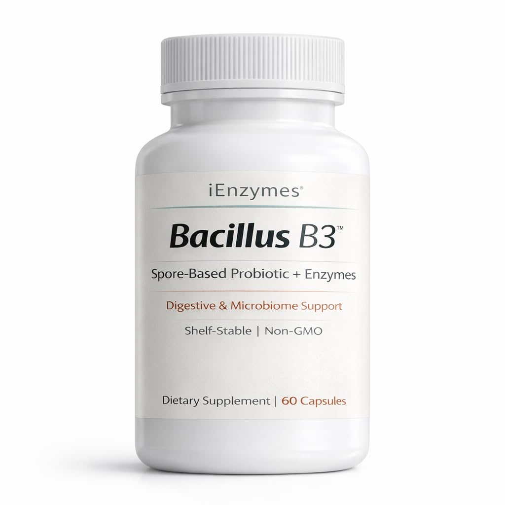 Bacillus B3 Spore-Based Probiotic + Enzymes for Gut Health & Microbiome Support, Shelf-Stable Daily Probiotic with Bacillus Coagulans, Bacillus Subtilis & Bacillus Clausii, 60 Capsules