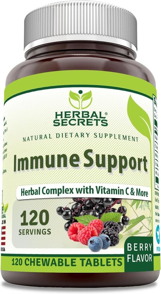 Herbal Secrets Immune Support with Vitamin C & Elderberry | Berry Flavor Chewable Tablets | 120 Count | Non-GMO | Glute-Free | Made in USA