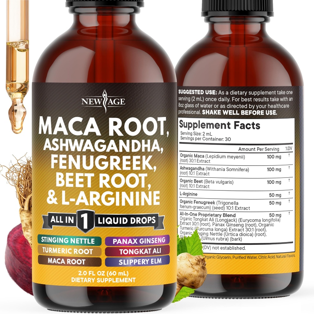 Organic Maca Root Liquid Drops with Ashwagandha, Nettle, Fenugreek, Beet Root and L-Arginine Liquid Multivitamin for Women and Men