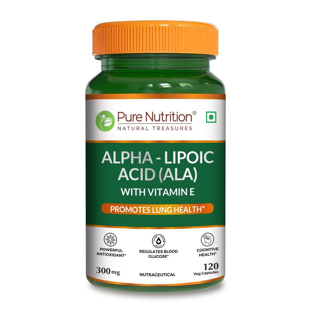 Pure Nutrition Alpha Lipoic Acid (ALA) 300mg with Vitamin E | Powerful ALA Supplement Antioxidant for Nerve & Heart Health | Supports Healthy Blood Sugar, Energy Metabolism & Cellular Protection - 120 Veg Capsules