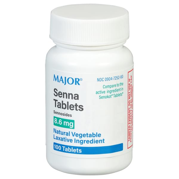 Major Senna 8.6 mg Natural Vegetable Laxative Tablets - Made with Sennosides - Promotes Occasional Constipation Relief - 100 Tablets