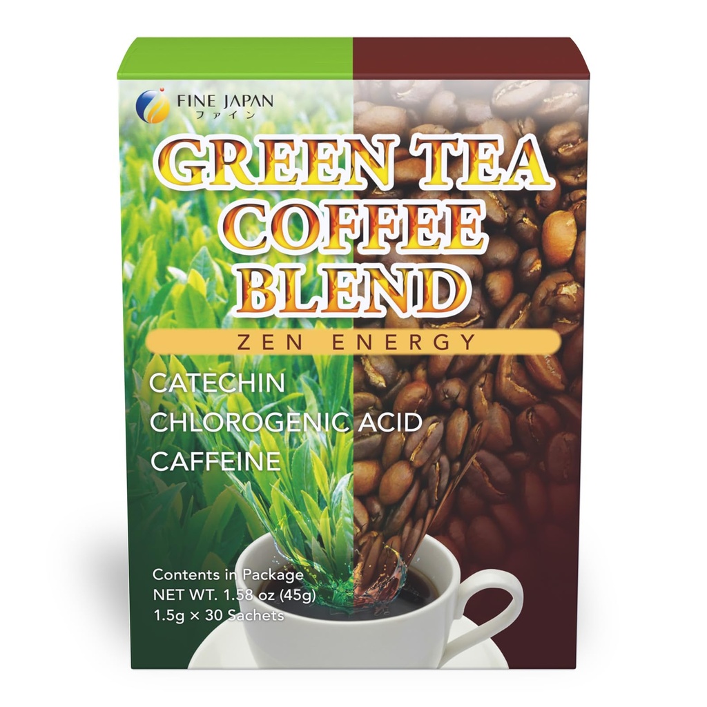 FINE JAPAN Green Tea and Coffee Blend Powder/Catechins and Chlorogenic Acid/Made in Japan/ 30 Sticks (45g)
