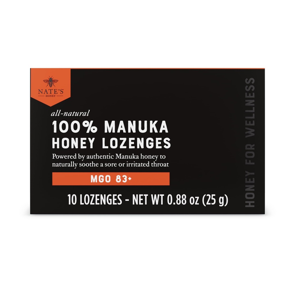 Nate's Manuka Honey Lozenges MGO 83+ | Soothing Throat Lozenges with New Zealand Manuka Honey for Natural Immune Support | 10-Count Blister Pack