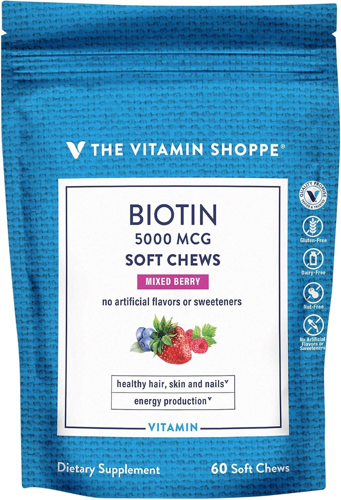 The Vitamin Shoppe Biotin Soft Chews for Hair, Skin & Nail Support - 5,000mcg - Mixed Berry (60 Soft Chews)