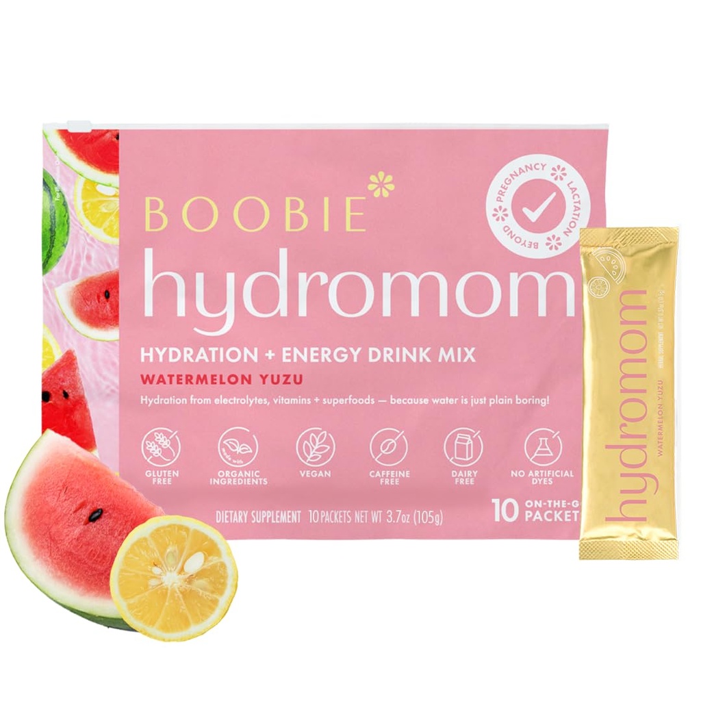Boobie Hydromom Superfood Electrolyte Drink Mix, Watermelon Yuzu | Refreshing Energy & Hydration Boost for Mamas | On-The-Go & Travel Essentials for Pregnancy, Lactation, & Beyond, 10 Packets