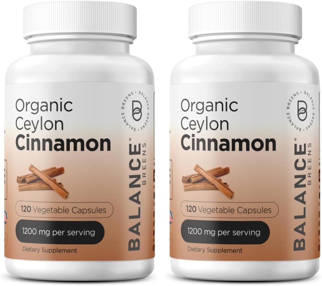 Balancebreens Certified Organic Ceylon Cinnamon 1200mg Supplement - 120 Veg Capsules - Heart, Brain and Joint Function Support - No Filler Pills (Pack of 2)