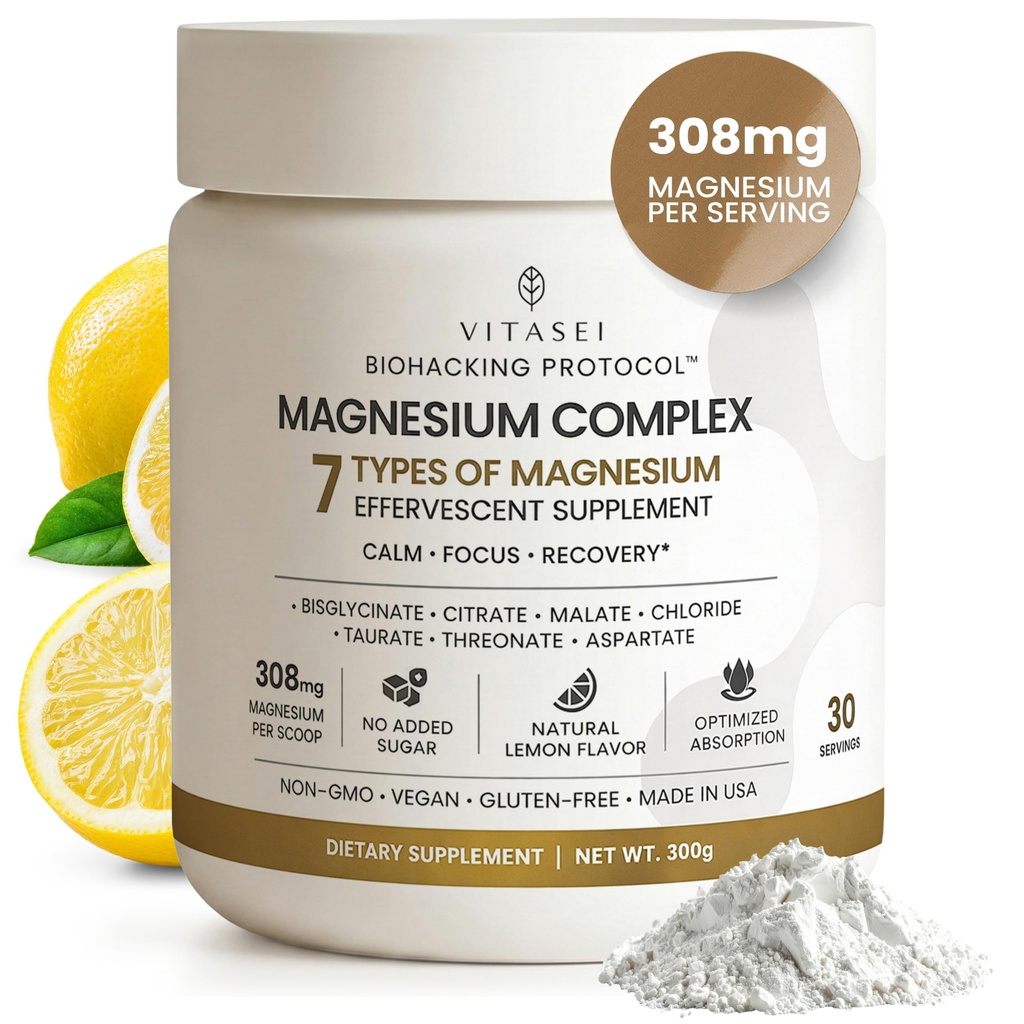 VITASEI Magnesium Total Care – 7 Types Magnesium Powder with Aspartate, Chloride, Citrate, Bisglycinate, Malate, Threonate, Taurate for Calm, Focus & Recovery – 10.58 oz (30 Servings)