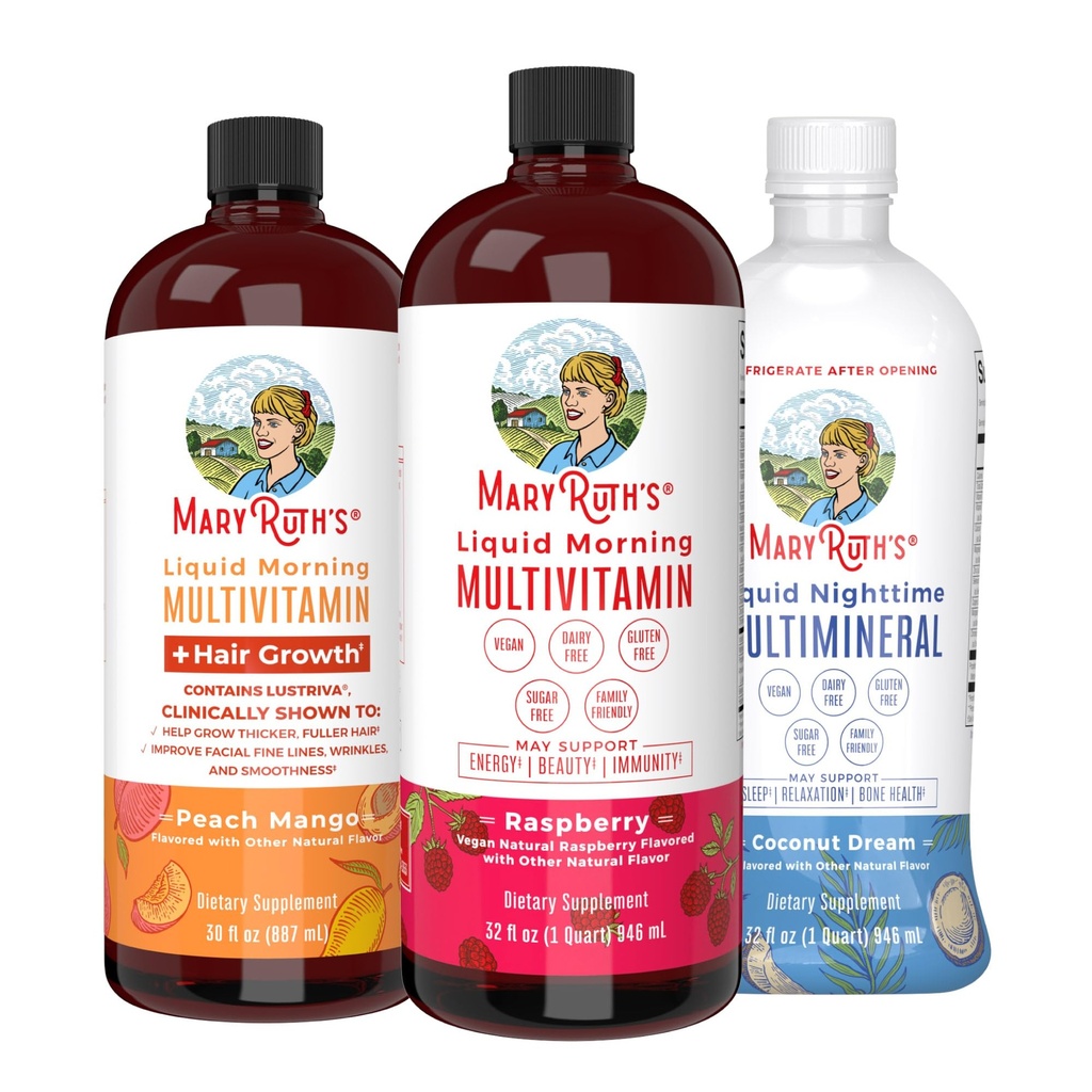 MaryRuth's Liquid Morning Multivitamins: +Hair Growth (Peach Mango), Daily Wellness (Raspberry), and Nighttime Multimineral (Coconut) | Vegan Vitamins for Beauty, Energy, & Bedtime | Non-GMO