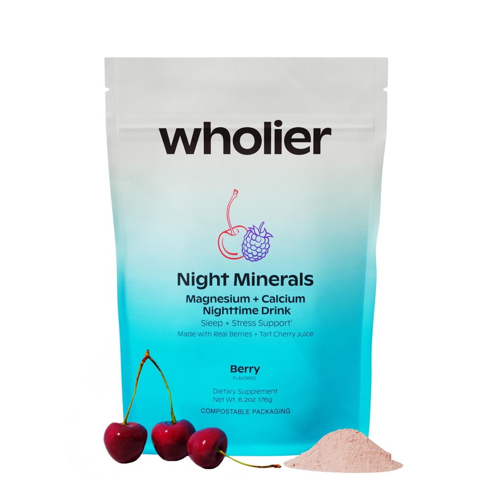 wholier Night Minerals Magnesium Glycinate + Calcium Drink Mix Powder with Tart Cherry & Superfood Berries, Natural Sleep Support, Melatonin Free, Gluten Free, Berry Flavor, Vegan, 25 Servings