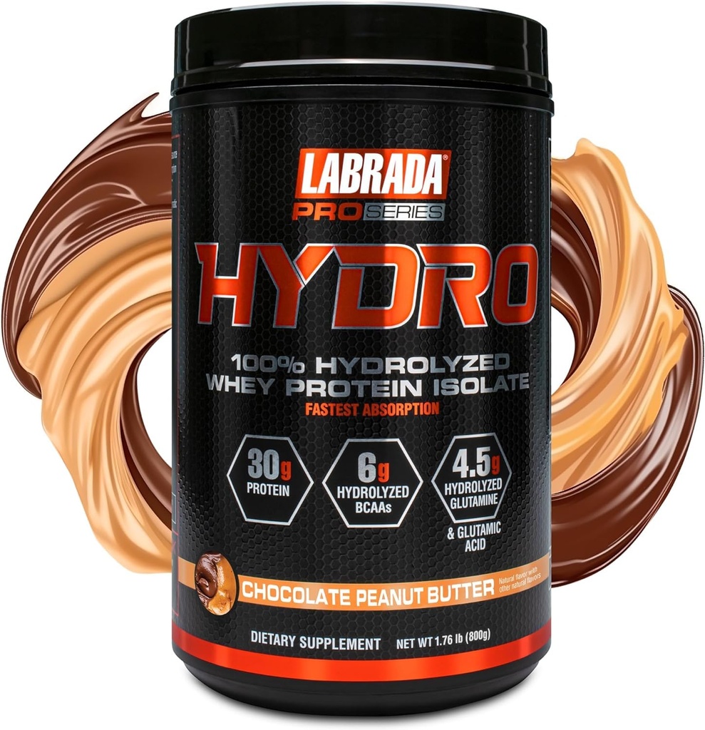 LABRADA HYDRO 100% Pure Hydrolyzed Whey Protein Isolate Powder, Lactose free, 6g BCAA’s, 4.5g Glutamine, Fastest Digesting Whey Available, Instant Mixing, Delicious Taste 20 Servings Choc PeanutButter