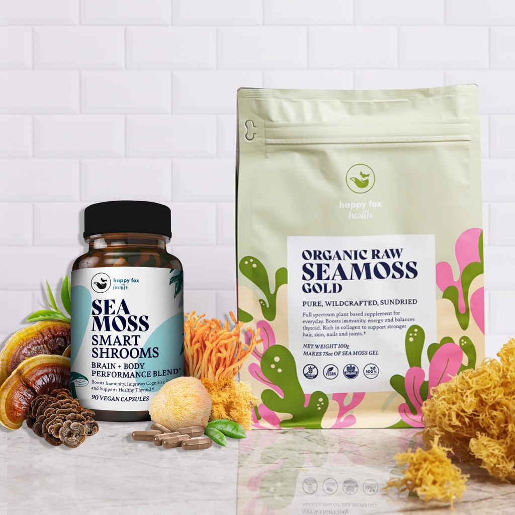 Brain & Body Gold Raw Bundle - Organic Sea Moss Raw Gold & Smart Shrooms Capsules - Irish Sea Moss & Mushroom Complex, Nootropic Brain Supplements for Memory & Focus