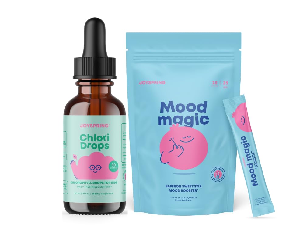 JoySpring Kids Daily Confidence & Freshness Routine – Liquid Chlorophyll Drops with Elderberry + Saffron, Magnesium Citrate & Vitamin D3 Pixie Stick Powder – Body Deodorizing & Mood Balance Support fo
