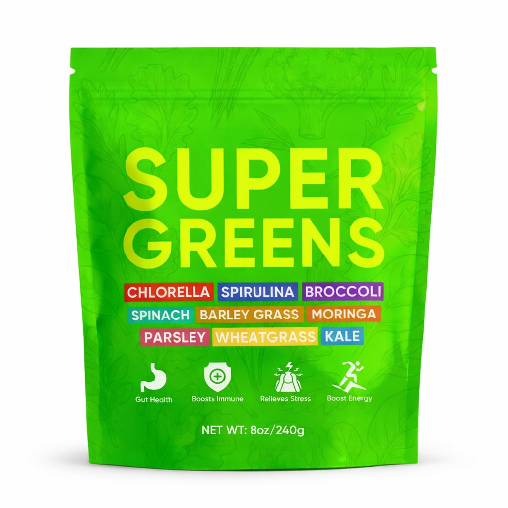Super Greens, Organic Greens Powder with Probiotics & Digestive Enzymes, Chlorella, Spirulina, Kale, Barley Grass, Supports Gut Health, Boost Energy and Immunity, No-Sugar, 30 Servings