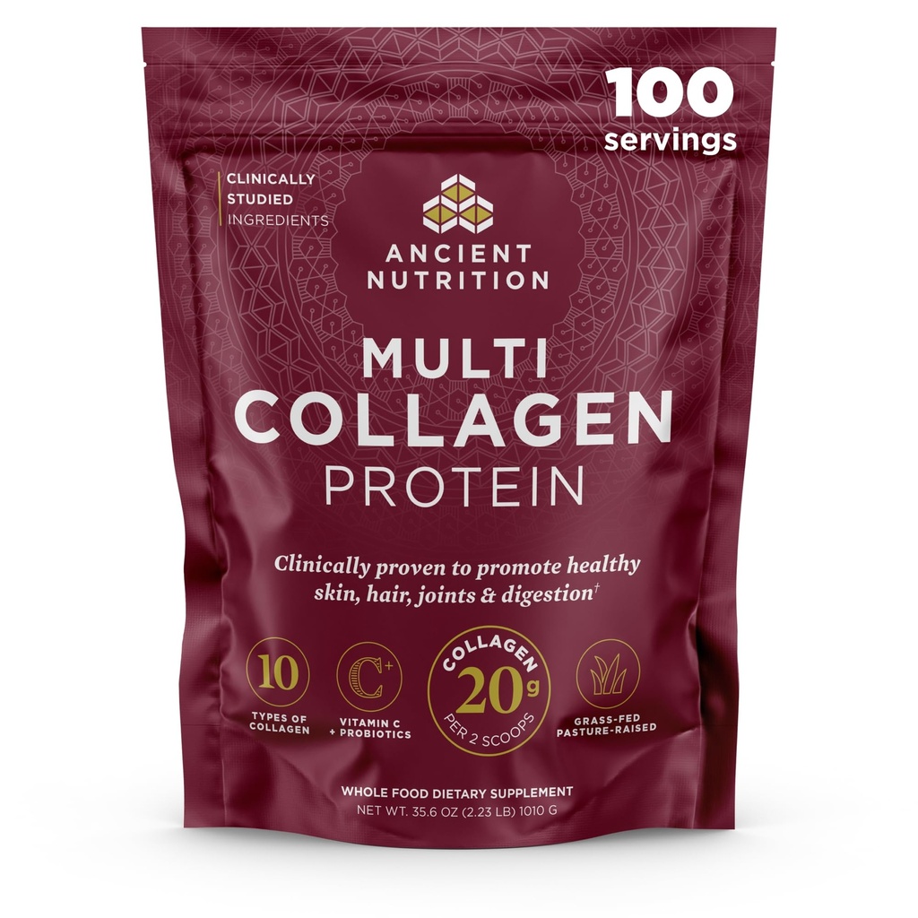 Ancient Nutrition Collagen Peptides Powder, Multi Collagen Protein, Women & Men, Vitamin C, Probiotics, Hydrolyzed Collagen, Supports Skin, Joints, Gut Health, Unflavored, 100 Servings