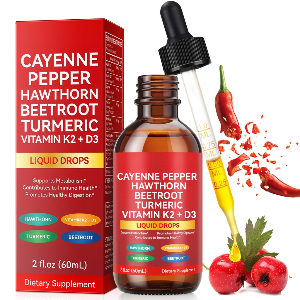Cayenne Pepper Drops Supplement Liquid, Liquid Cayenne Pepper Drops Organic Extract, Hawthorn Berry, Vitamin K2 & D3 Beet Root Powder, Ceylon Cinnamon (2 Fl Oz (Pack of 1))