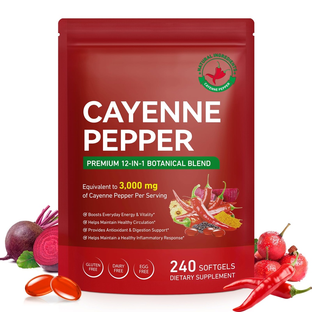 Cayenne Pepper Capsules, Cayenne Pepper Capsaicin Supplements Support Leg Vein, Heart Health and Blood Circulation, with Vitamin E D3 K2 and Extracts of Grape Seed, Beetroot and Turmeric, 240 Softgels