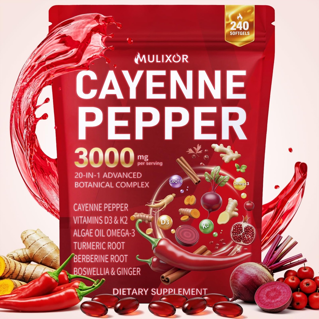 Cayenne Pepper Softgels, 20-in-1 Cayenne Pepper Capsaicin Supplements with D3 K2 E, CoQ10, Omega 3, Turmeric, Beet Root, Berberine, Supports Circulation & Metabolism, 240 Softgels 80-Day Supply