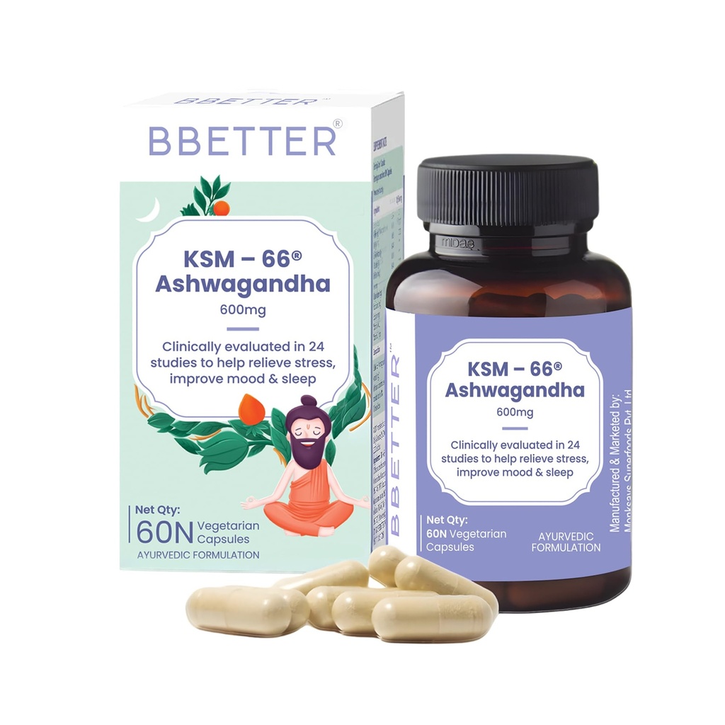 BBETTER KSM-66 Ashwagandha Capsules 600mg | Lab Tested | Lab Report Attached | Ashvagandha Tablet For Stress, Sleep Management & Anxiety Relief | Rejuvenates Mind & Body | 60 Veg aswagandha Capsules