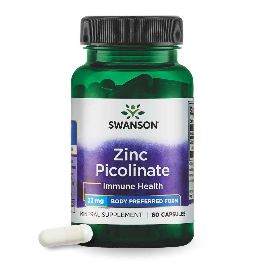Swanson Zinc Picolinate Chelated Mineral Supplement for Adults Seeking Immune, Vision, and Prostate Support - Body-Preferred Form - 22 mg (60 Vegan Capsules)