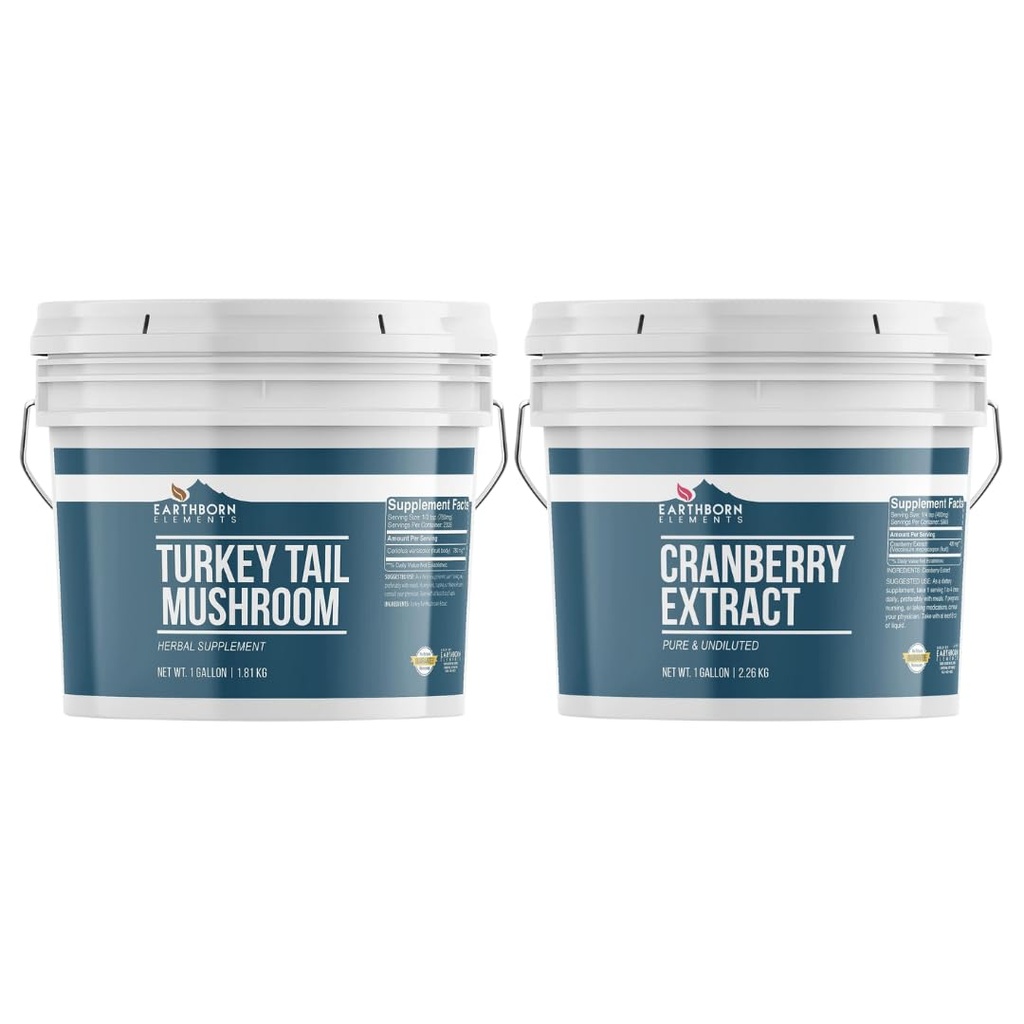 Earthborn Elements Turkey Tail Mushroom and Cranberry Extract Bundle, 1 Gallon Bucket, Pure & Undiluted, Herbal Supplements