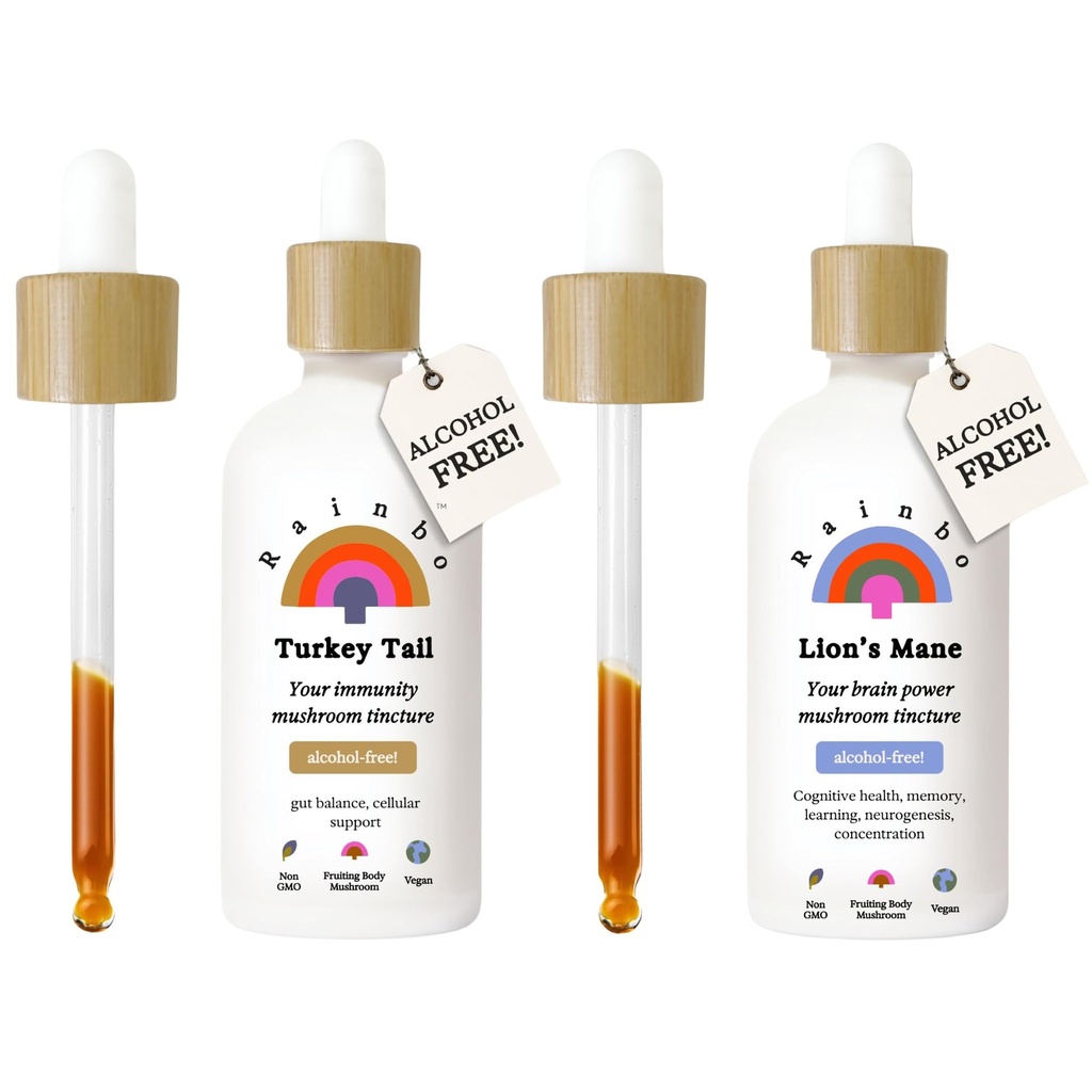 Rainbo Alcohol Free Mushroom Bundle, Turkey Tail Mushroom Extract + Lion's Mane Mushroom Tincture, Daily Tinctures for Comprehensive Immune Support, Liquid Mushroom Supplements