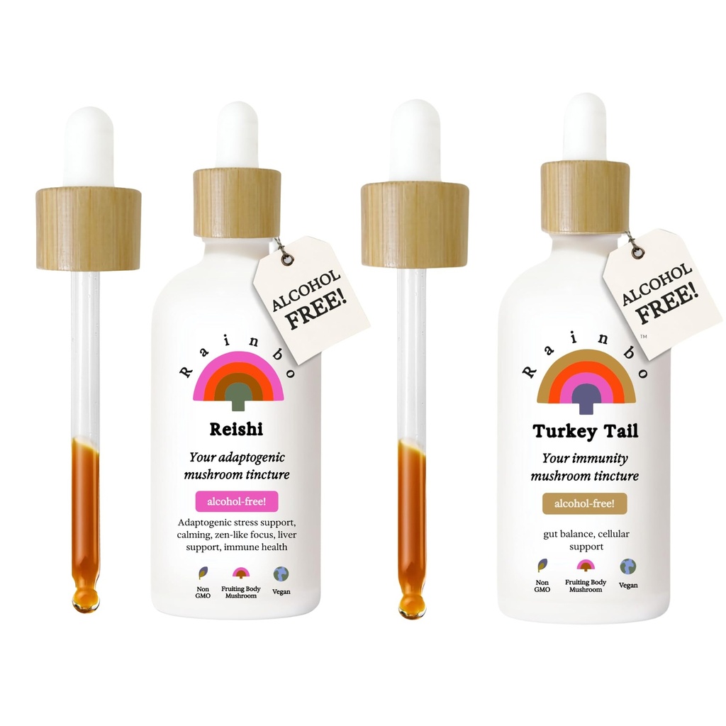 Rainbo Alcohol Free Mushroom Bundle, Reishi Mushroom Extract + Turkey Tail Mushroom Tincture, Dail Tinctures for Comprehensive Immune Support, Vegan Liquid Mushroom Supplements