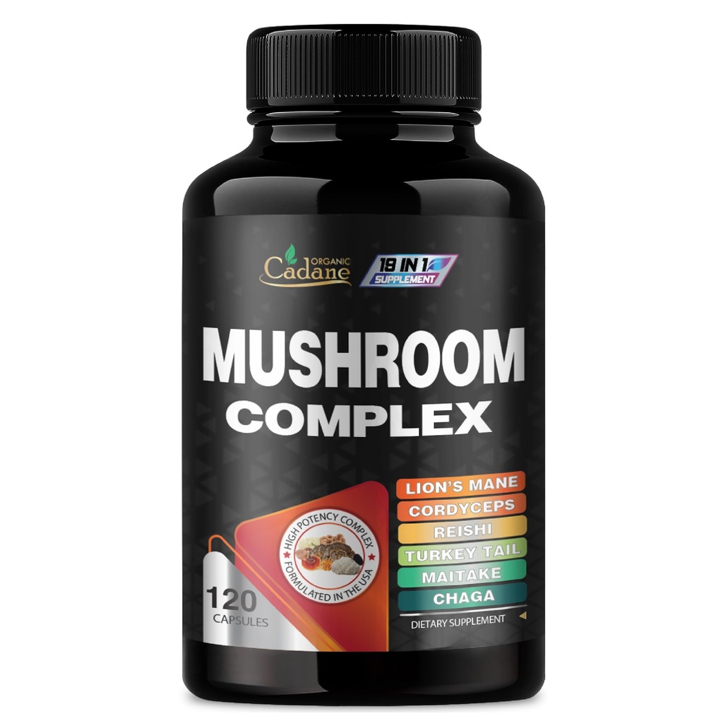 Cadane Mushroom Complex Supplements - 19in1 Concentrated with Lions Mane, Cordyceps Sinensis, Reishi, Turkey Tail Mushroom, Maitake, Chaga, Shiitake, Enoki, Agaricus, and More - 120 Vegan Capsules